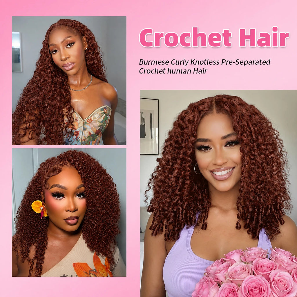 Miracle Knots Knotless Human Crochet Braiding Hair Reddish Brown Burmese Curly Pre Separated Feather Hair Bulk Boho Extensions