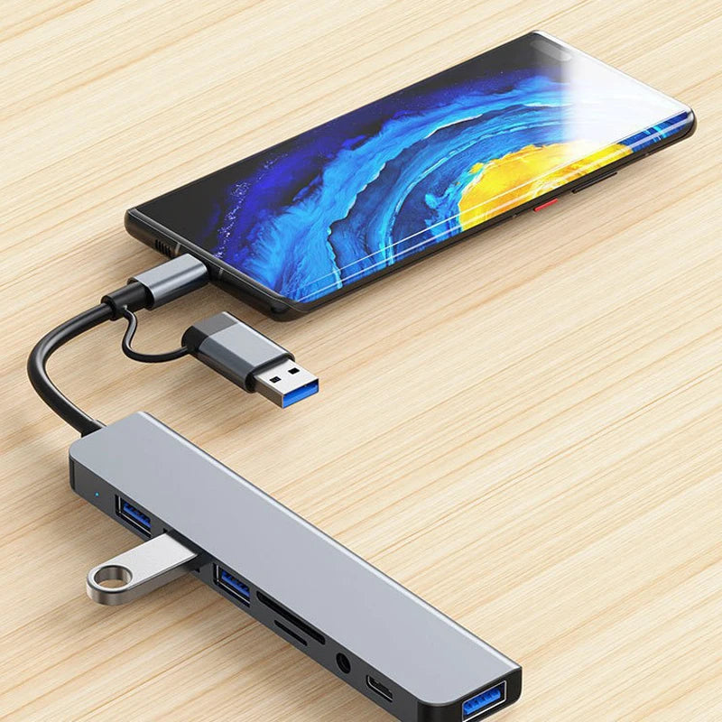 8 in 2 USB +Type C HUB Docking Station with 3.5mm Audio Jack Adapter for Micro SD Card Reader Laptop Tablet Phone Disk Converter