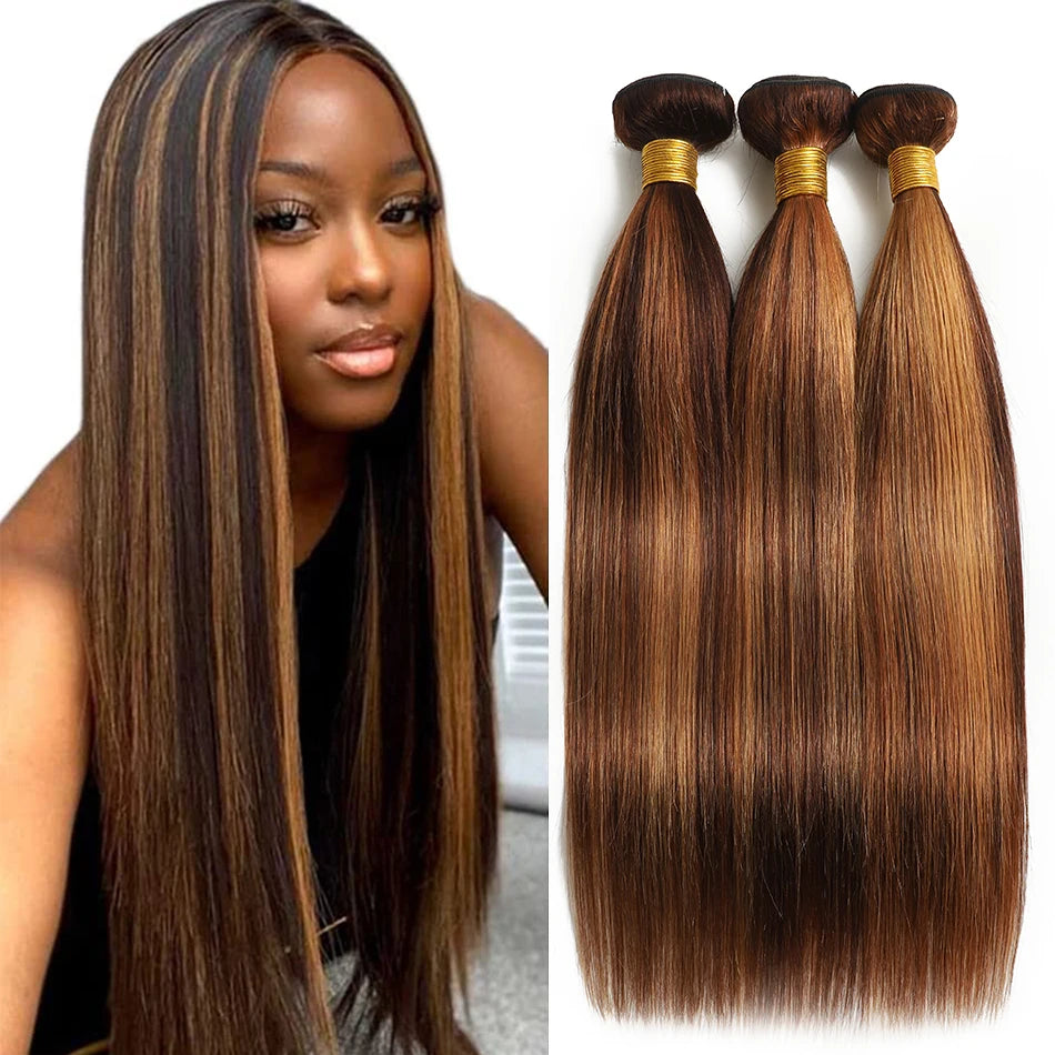 Piano Color Brown Silky Straight Bundles Human Hair Unprocessed Brazilian Virgin Hair Highlight Bone Straight Hair 3/4 Bundles