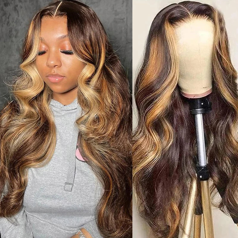 34inch Body Wave Highlight Wig Human Hair Honey Blonde 4/27 Colored 13x6 Lace Front Human Hair Wigs For Women Pre Plucked 180 Density