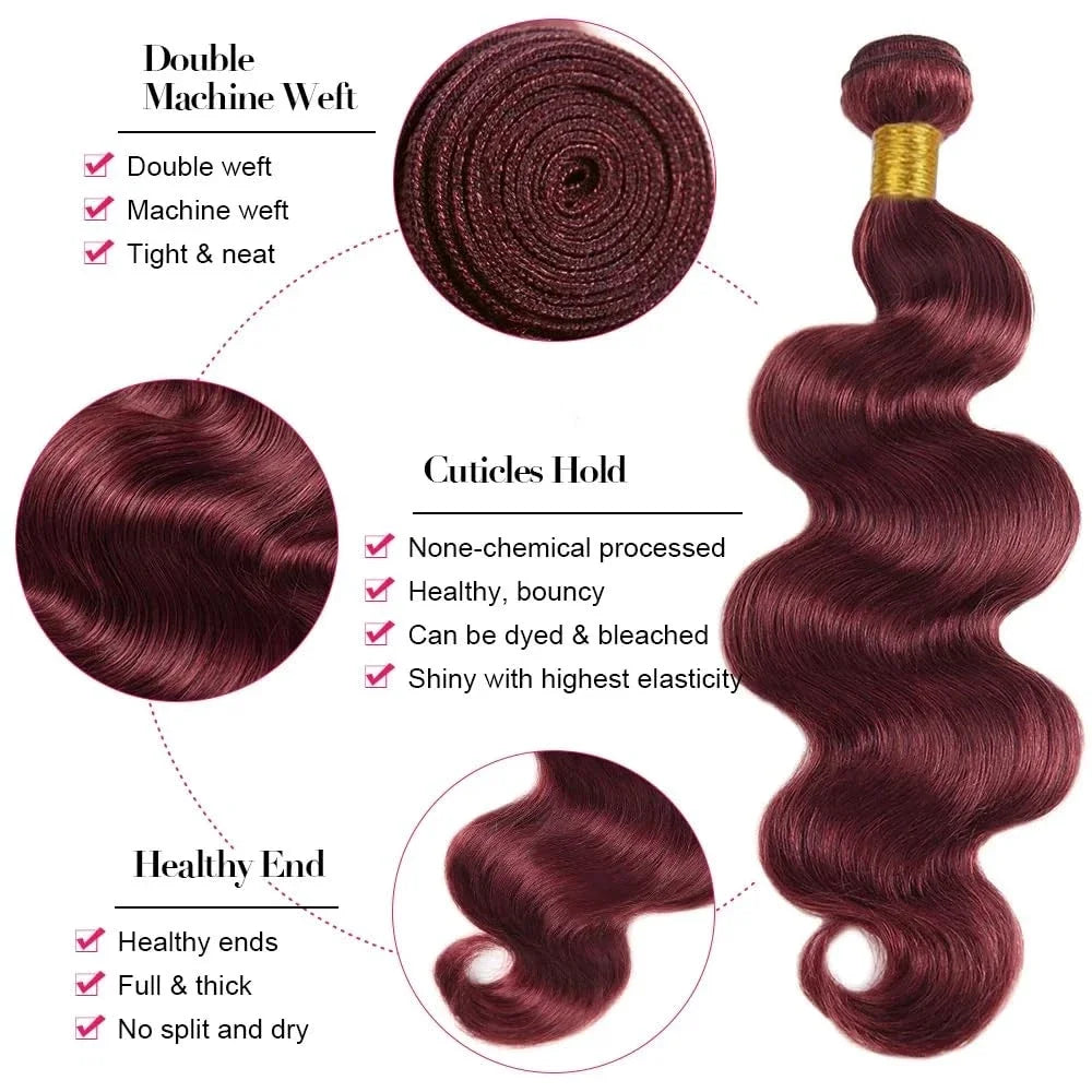 #99j Red Colored Bundles Body Wave Human Hair For Extension 99j Burgundy Human Hair Bundles Remy Hair Weaving 1/2/3 Bundle Deals