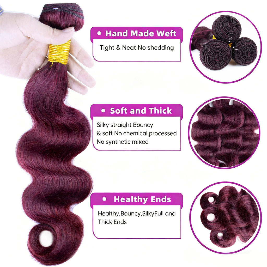#99j Red Color Body Wave Bundles Human Hair 30 Inch Burgundy Bundles Double Weft Virgin Hair Weaving Bundle Deals For Extension