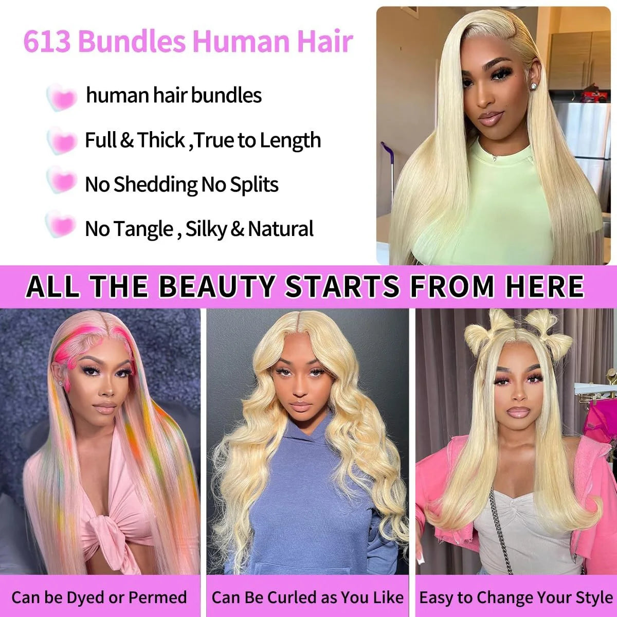 Nneka 613 Human Hair Bundles 12A Straight Human Hair Bundles Raw Human Hair Blonde 3/4 Bundles Hair Extensions For Women