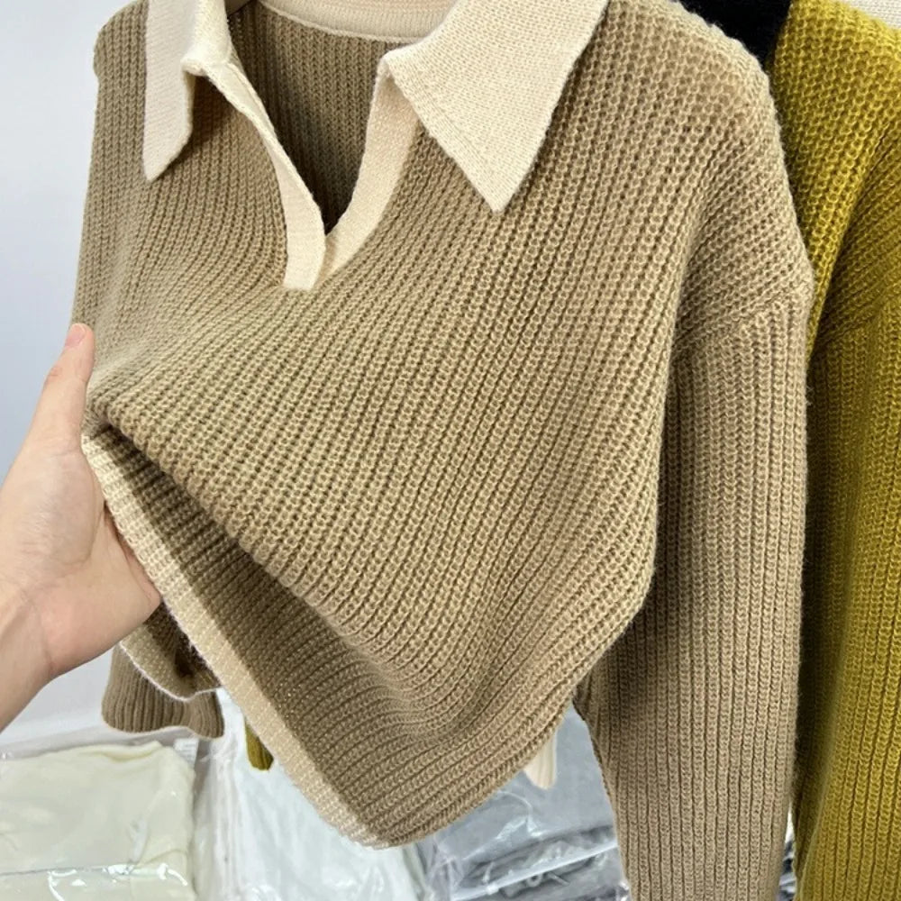 Women Pullovers Panelled Breathable Long Sleeve Knitted Cozy Sheer Loose Young Streetwear Harajuku Korean Style Tender Trendy