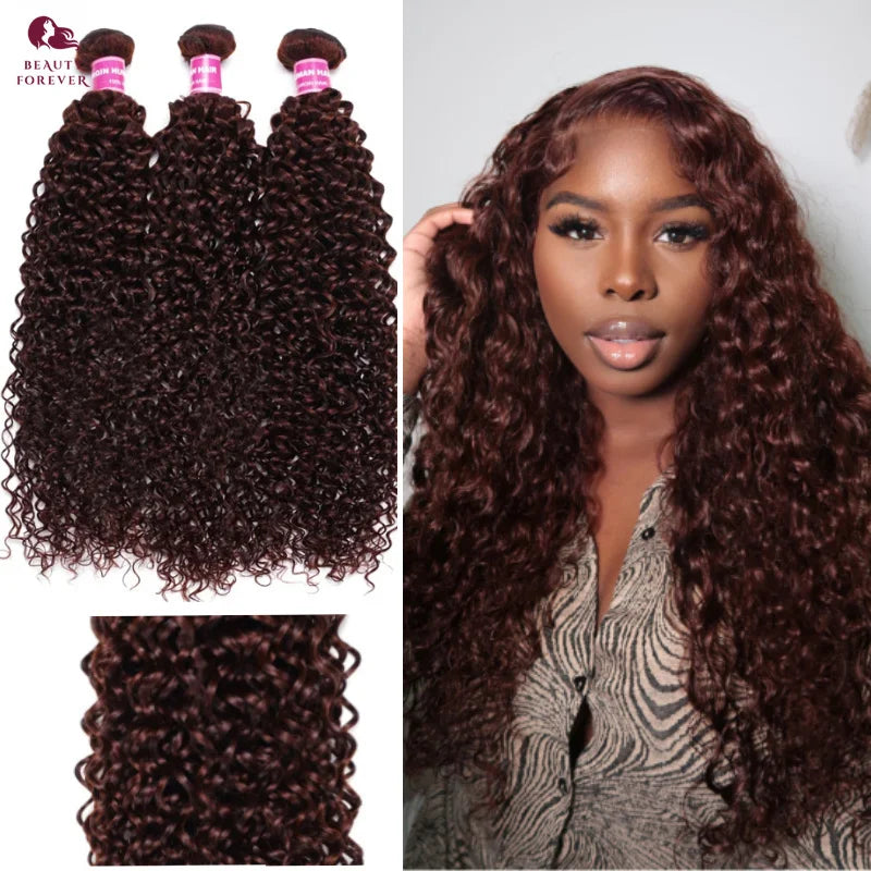 Beauty Forever Highlights Bundles Human Hair #33B Reddish Brown Curly Human Hair Weaves 3 Bundles Colored Hair Weaves for Women