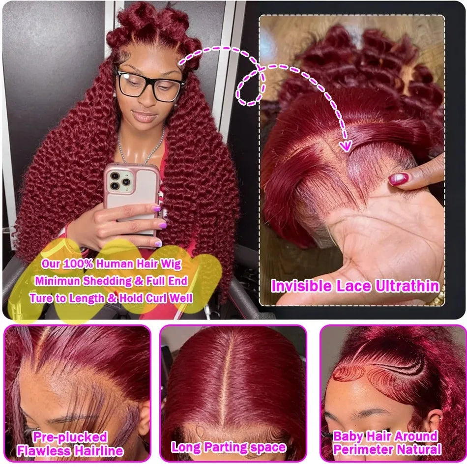 36 38 Inch Burgundy 13x6 hd Lace Frontal Wig Water Wave Curly 13x4 Red Remy Human Hair Brazilian 99J Colored Hair Wigs for Women