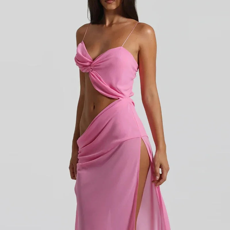 Summer Sexy Backless Irregular Long Dress Womens Side Split Sleeveless Camisole Long Dress Vacation Elegant Hollow Beach Dresses