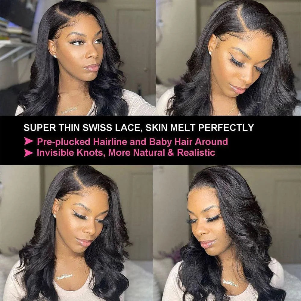 Natural Black Body Wave Remy Human Hair Wigs Lace Front Wig Pre Plucked Hairline 180% Density HD Transparent Lace Frontal Wig