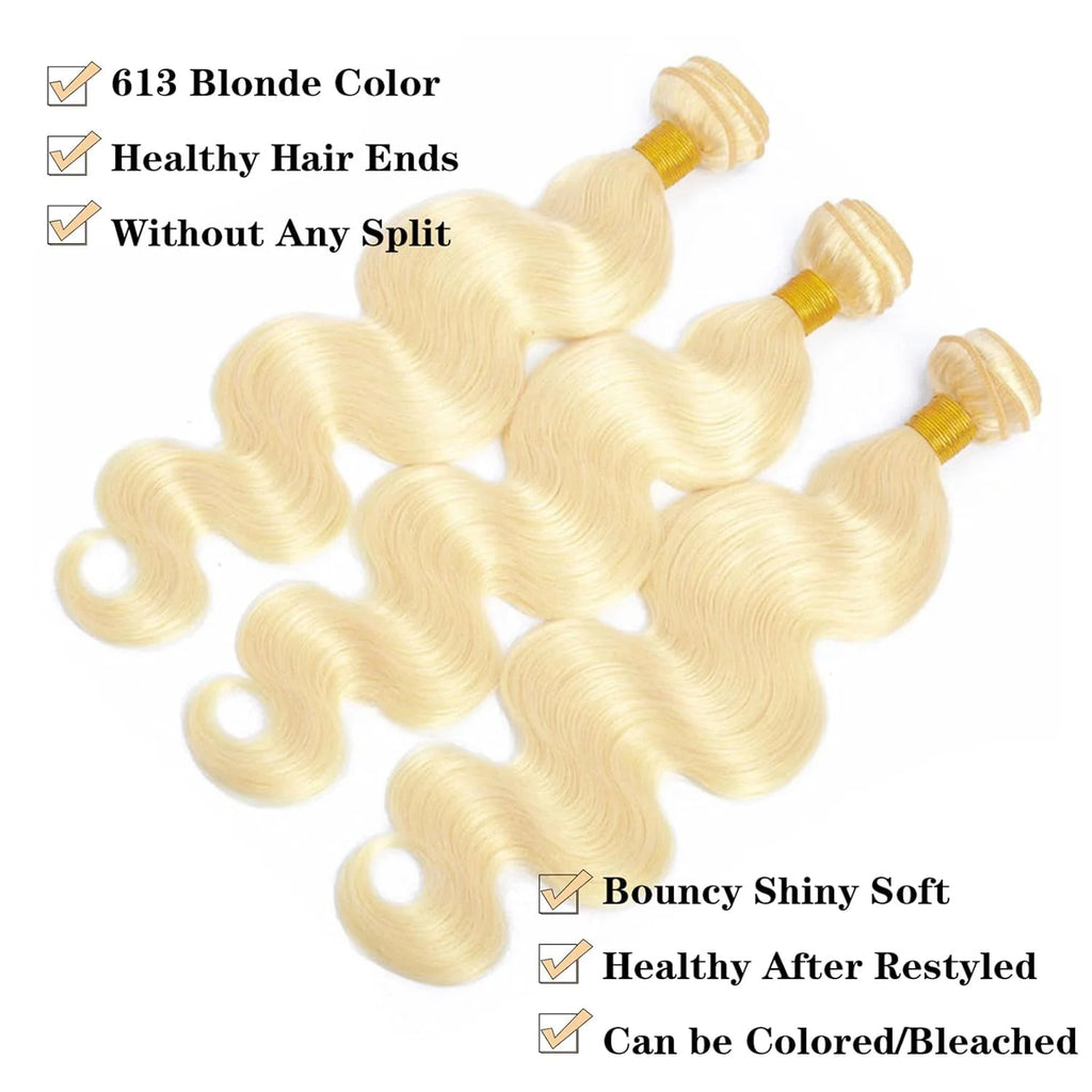 Body Wave Human Hair Blonde Bundles 10A Grade 100% Brazilian Human Hair Color #613 Body Wave 22" Light Blonde Color Body Wave