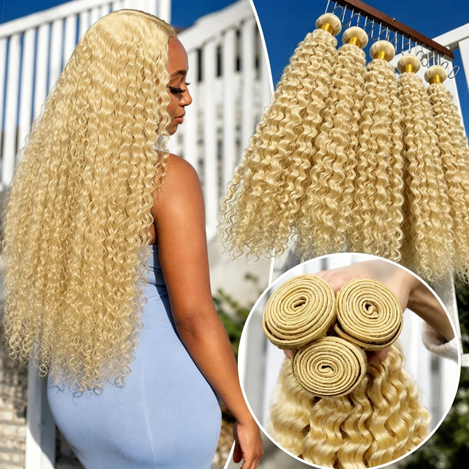 SMILEGIRL 613 Deep Wave Hair Malaysian Curly Human Hair Weave Bundle 28 30 inch Deep Curly Platinum Blonde Hair 1 3 4 Bundle Deals