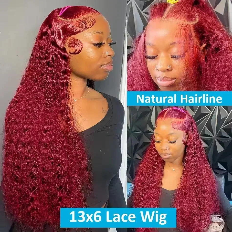 36 38 Inch Burgundy 13x6 hd Lace Frontal Wig Water Wave Curly 13x4 Red Remy Human Hair Brazilian 99J Colored Hair Wigs for Women