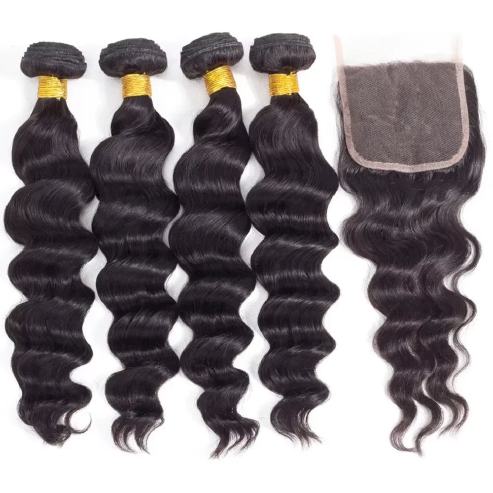 Loose Deep Wave Bundles with Closure Brazilian Virgin Human Hair Bundles Wet and Wavy Human Hair bundles with 4×4 Closure