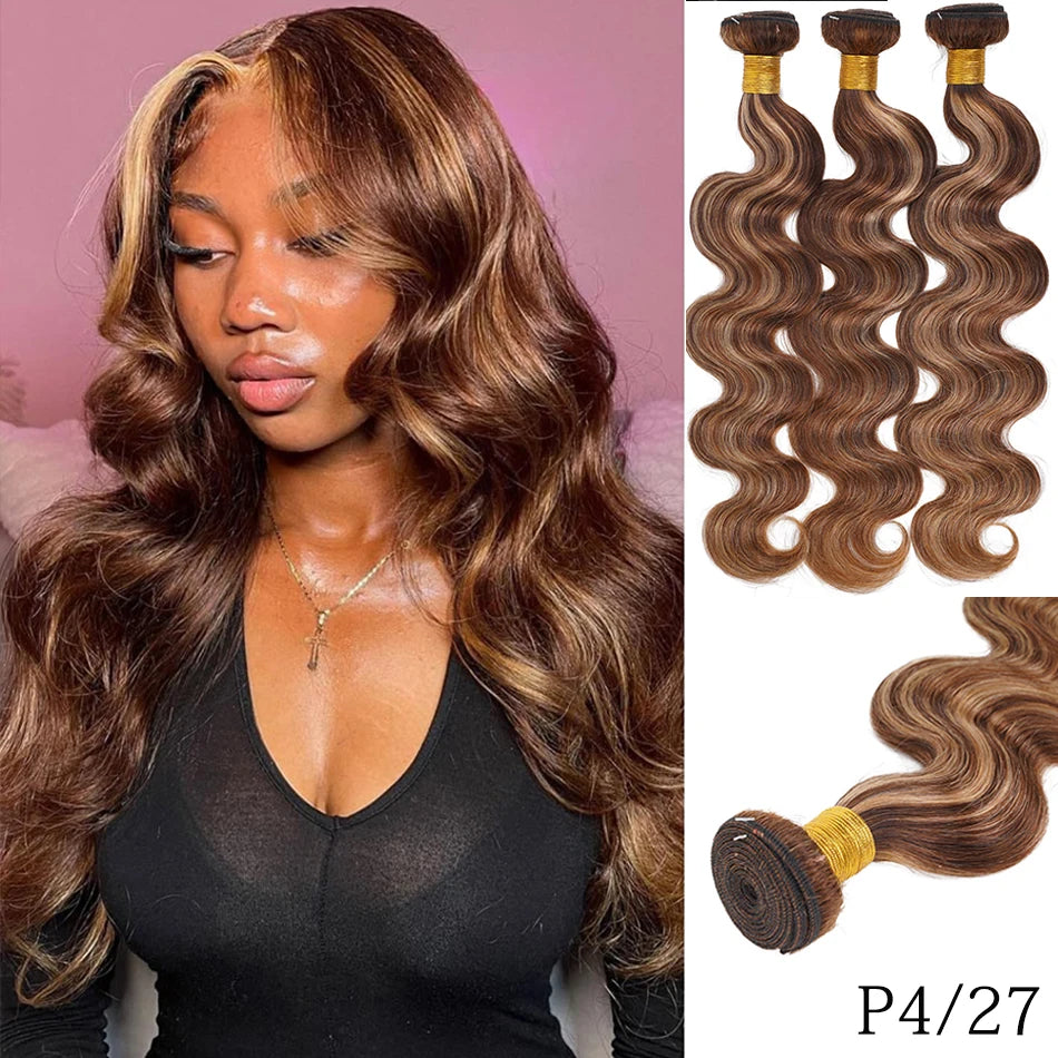 Raw Indian Virgin Hair Brown Highlight Body Wave Human Hair Weave 3 Bundles Ombre Blonde Bouncy Loose Wavy Sew in Piano Color