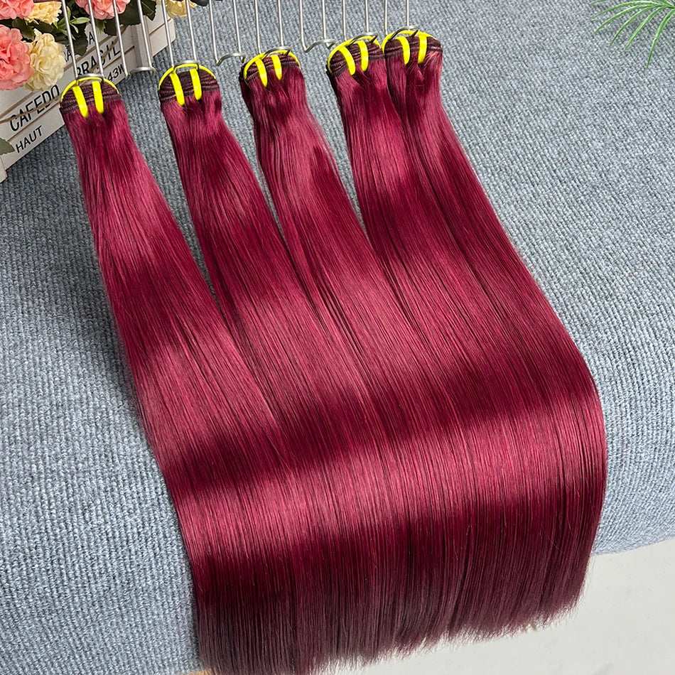 Double Drawn #99j Color Straight Burgundy Human Hair Bundles 100% Virgin Hair Weave Extensions 18-26 Inches 1/2/3/4 Bundles