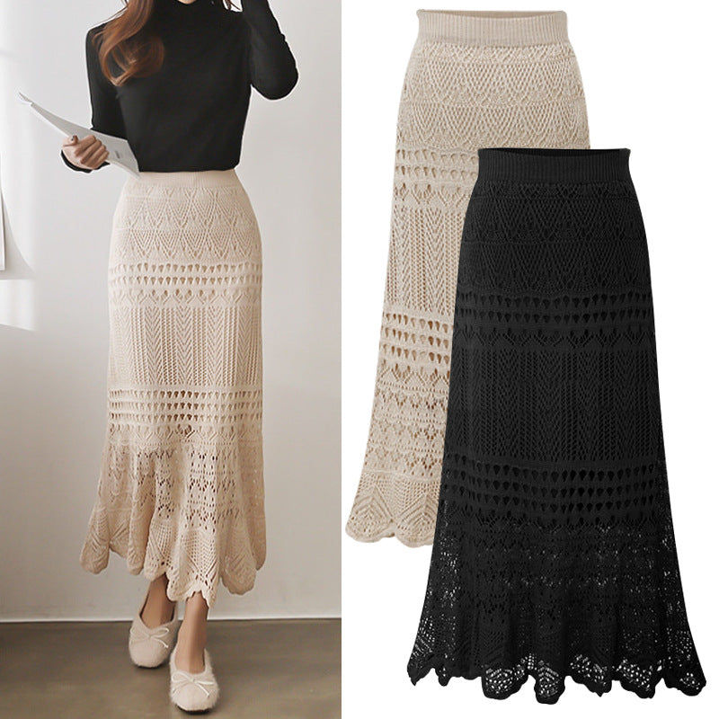Skirt for Women Spring & Fall 100kg High Waist Loose Large Size Crochet Cut Out Knitted Hip-Covering Mid-Length Skirt for Women 90cm