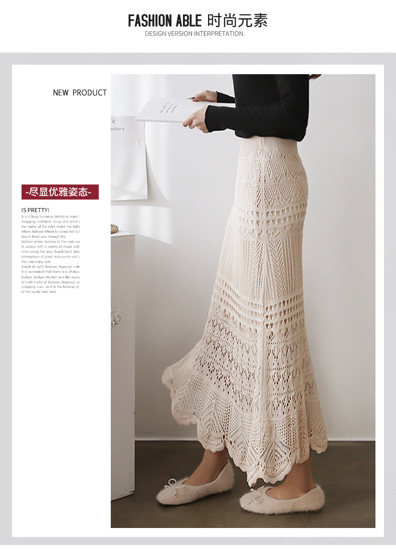 Skirt for Women Spring & Fall 100kg High Waist Loose Large Size Crochet Cut Out Knitted Hip-Covering Mid-Length Skirt for Women 90cm