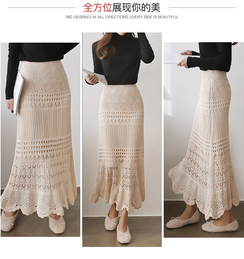 Skirt for Women Spring & Fall 100kg High Waist Loose Large Size Crochet Cut Out Knitted Hip-Covering Mid-Length Skirt for Women 90cm
