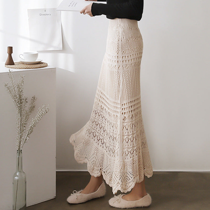 Skirt for Women Spring & Fall 100kg High Waist Loose Large Size Crochet Cut Out Knitted Hip-Covering Mid-Length Skirt for Women 90cm