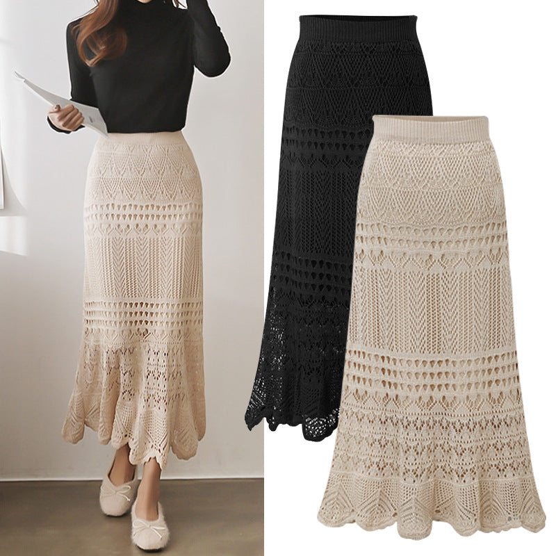 Skirt for Women Spring & Fall 100kg High Waist Loose Large Size Crochet Cut Out Knitted Hip-Covering Mid-Length Skirt for Women 90cm