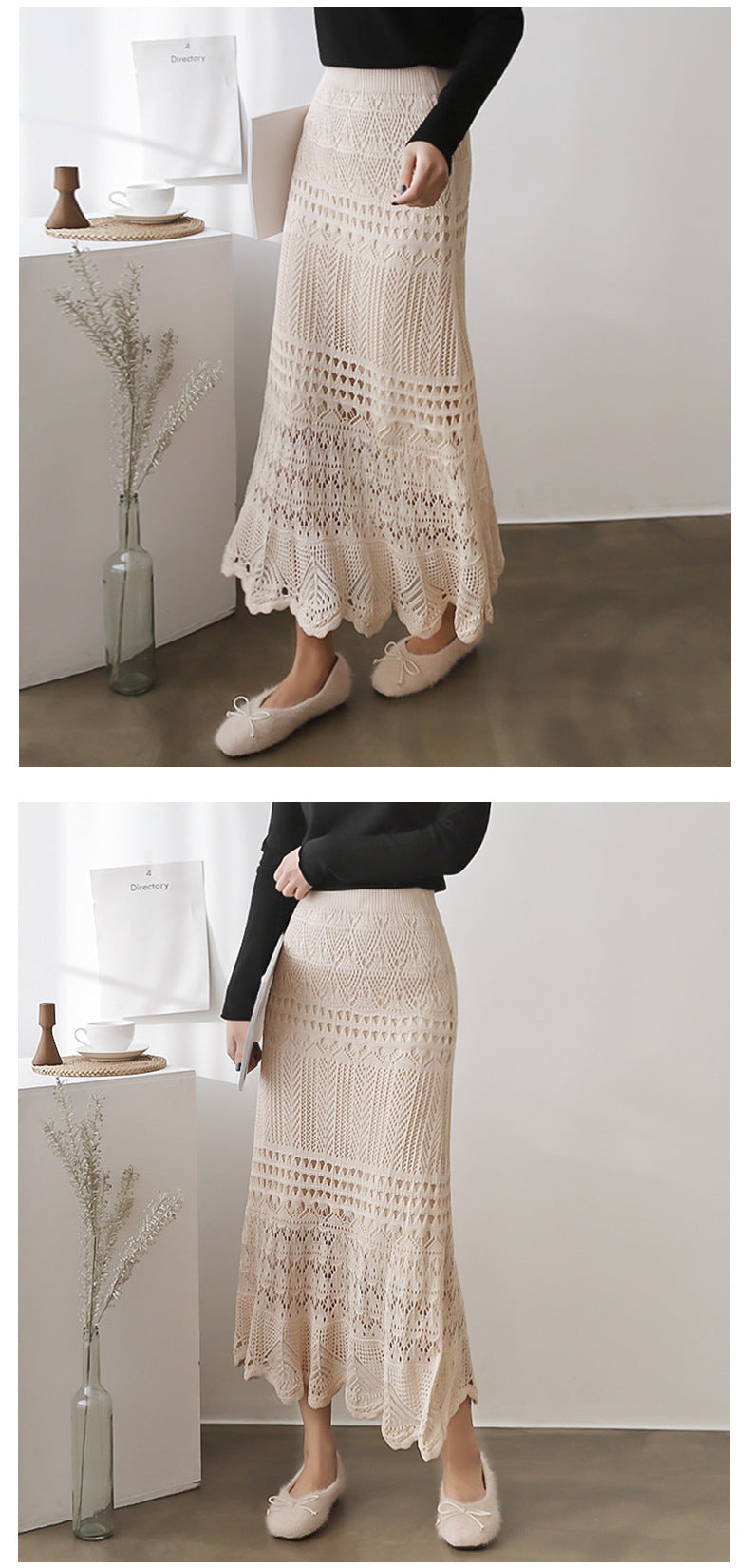 Skirt for Women Spring & Fall 100kg High Waist Loose Large Size Crochet Cut Out Knitted Hip-Covering Mid-Length Skirt for Women 90cm