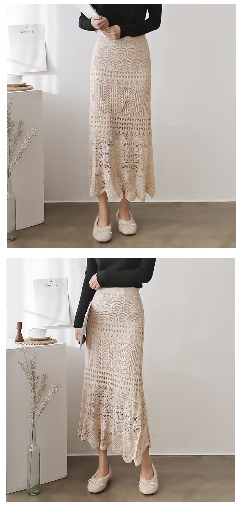 Skirt for Women Spring & Fall 100kg High Waist Loose Large Size Crochet Cut Out Knitted Hip-Covering Mid-Length Skirt for Women 90cm