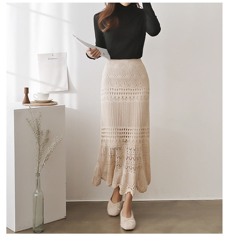 Skirt for Women Spring & Fall 100kg High Waist Loose Large Size Crochet Cut Out Knitted Hip-Covering Mid-Length Skirt for Women 90cm