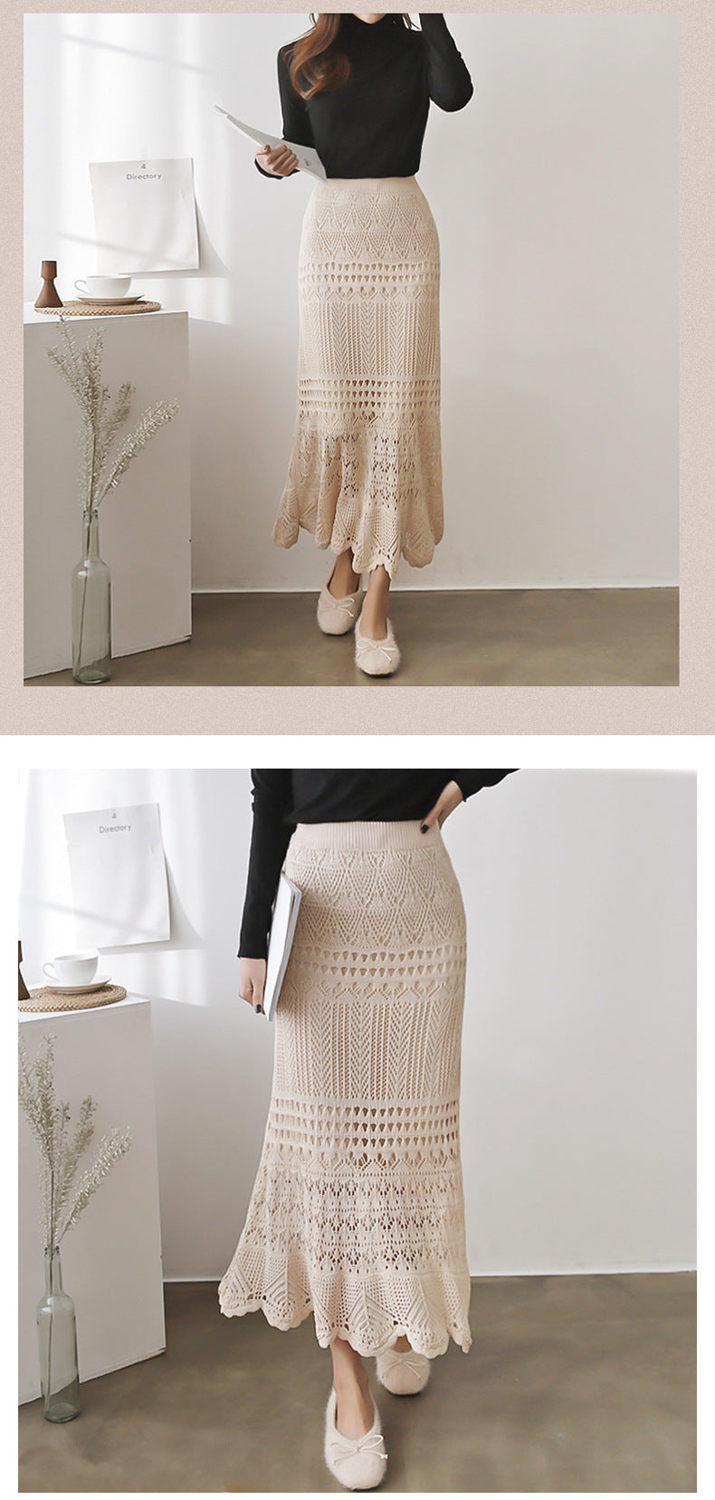 Skirt for Women Spring & Fall 100kg High Waist Loose Large Size Crochet Cut Out Knitted Hip-Covering Mid-Length Skirt for Women 90cm