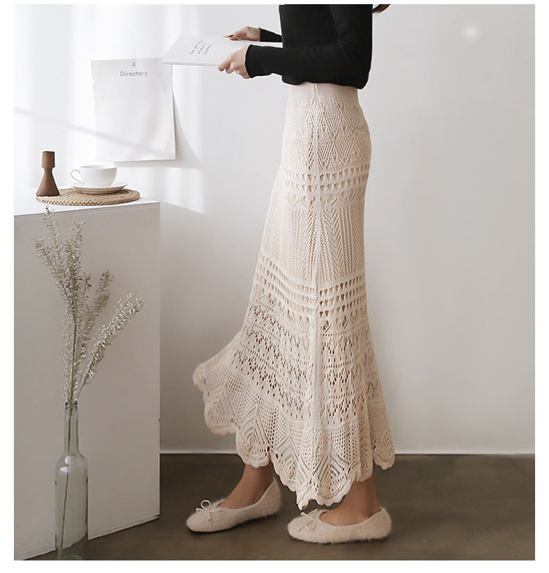 Skirt for Women Spring & Fall 100kg High Waist Loose Large Size Crochet Cut Out Knitted Hip-Covering Mid-Length Skirt for Women 90cm