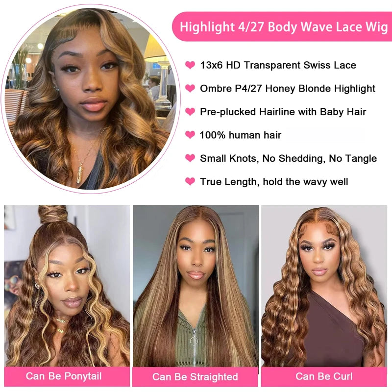 34inch Body Wave Highlight Wig Human Hair Honey Blonde 4/27 Colored 13x6 Lace Front Human Hair Wigs For Women Pre Plucked 180 Density