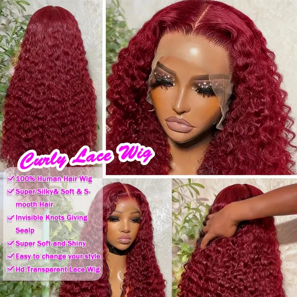 36 38 Inch Burgundy 13x6 hd Lace Frontal Wig Water Wave Curly 13x4 Red Remy Human Hair Brazilian 99J Colored Hair Wigs for Women