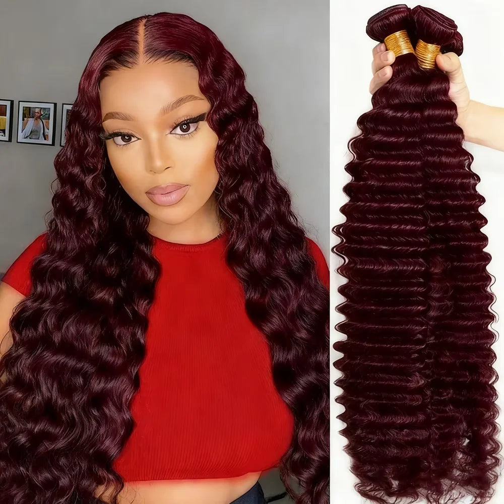 Burgundy Curly Hair Weaves Virgin Human Hair Bundles Red Wine Color #99j Deep Wave Bundles Remy Hair Bundle Deals For Extensions