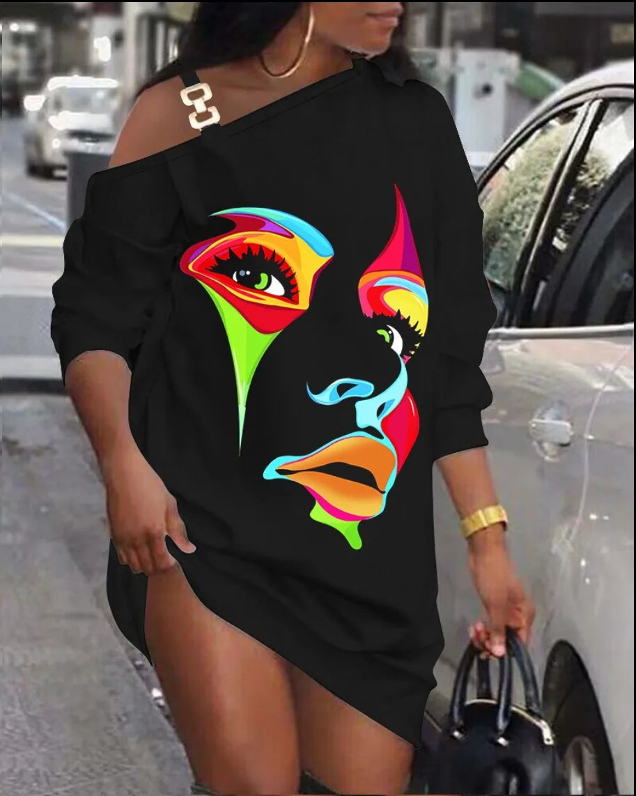 Autumn Women's Printed Mini Dress, Loose Fit Hollow Out Long Sleeve Party Club Dress