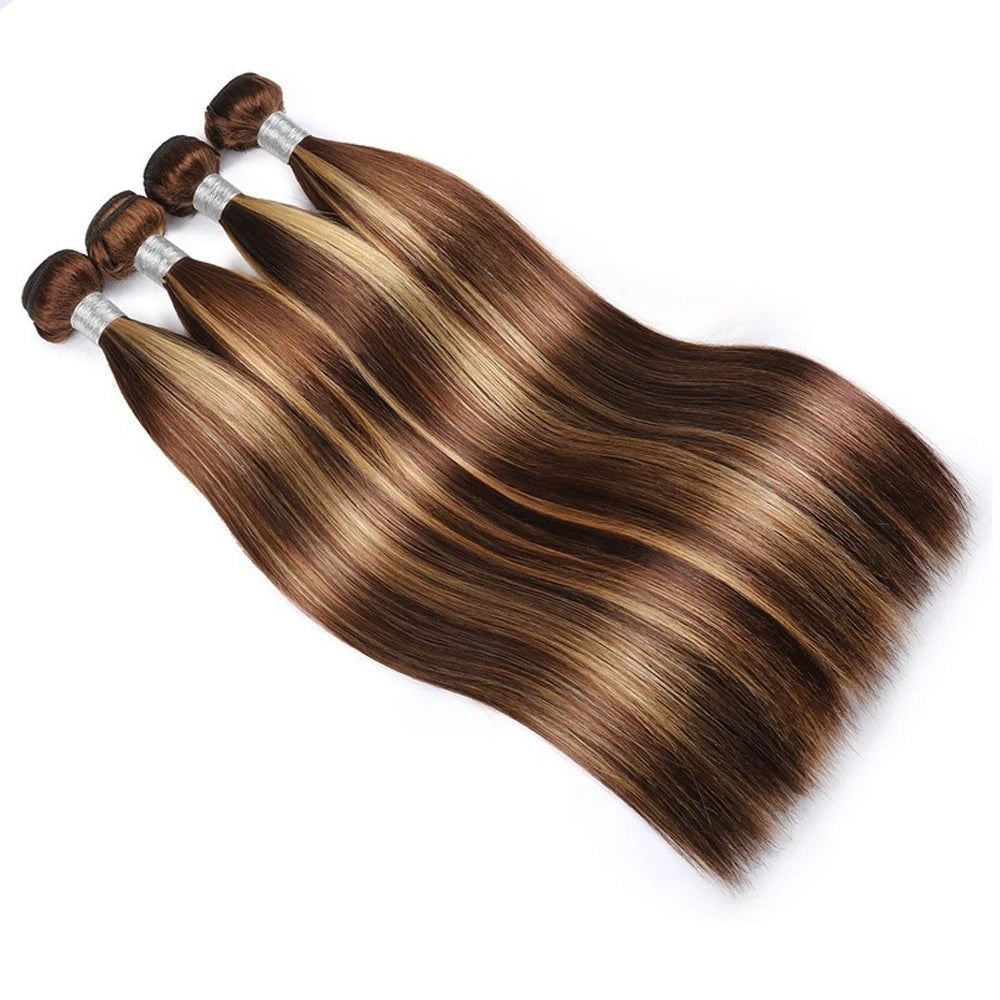 28 inch Honey Blonde Highlight Human Hair Bundles Straight P4/27 Brazilian Hair Weave Colored Hair Bundles For Women Remy Hair