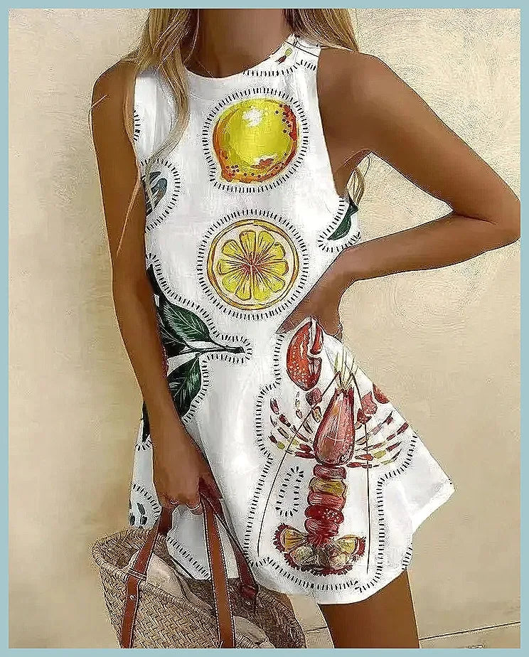 Women's Pineapple Print Sleeveless Dress - Casual Beach Vacation Party Dress for Summer