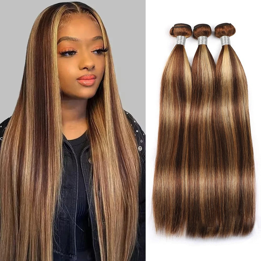 28 inch Honey Blonde Highlight Human Hair Bundles Straight P4/27 Brazilian Hair Weave Colored Hair Bundles For Women Remy Hair