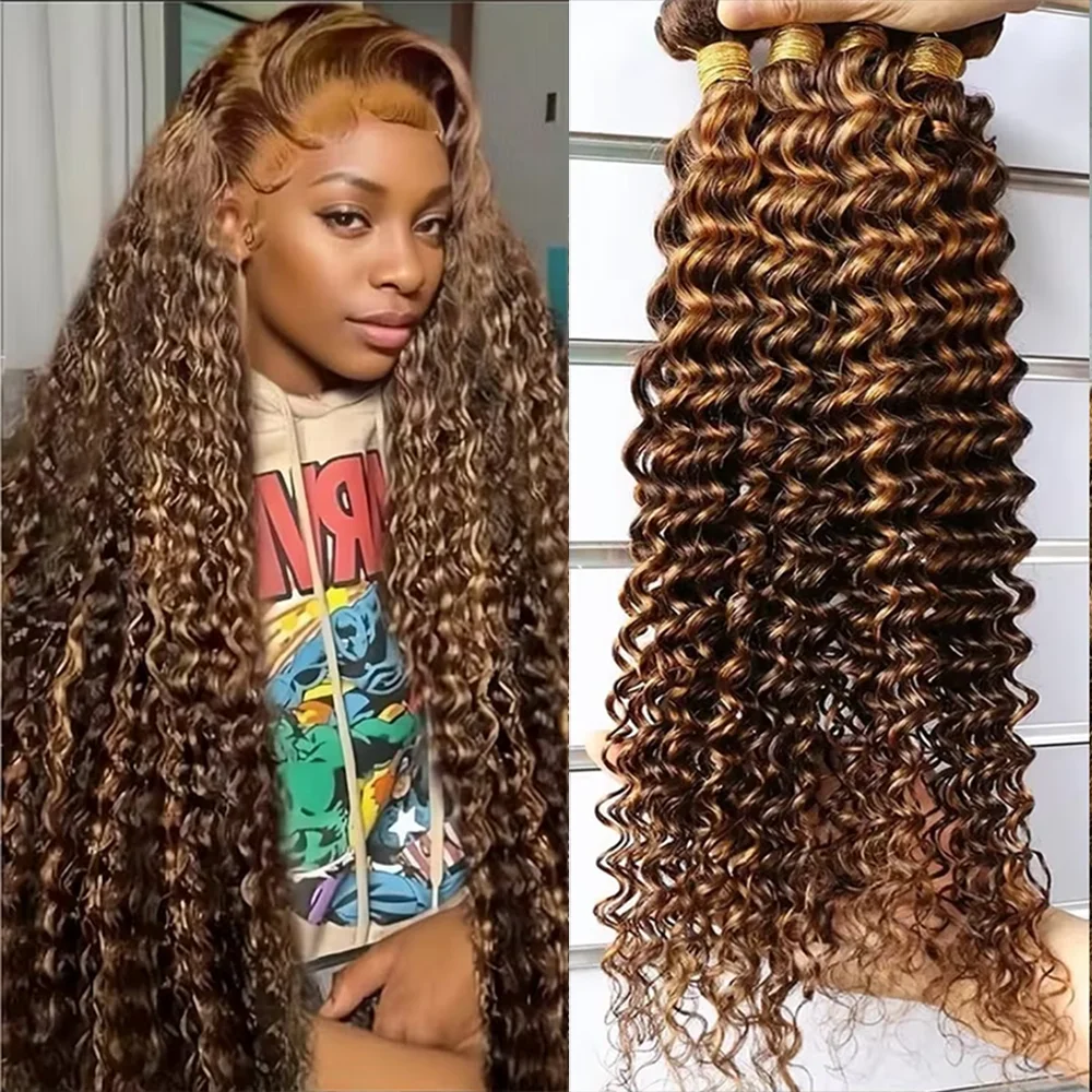 Honey Blonde Deep Curly Bundles Color #427 Highlight Deep Wave Hair Bundles 100% Human Hair Weave For Extension 1/3 Bundle Deals