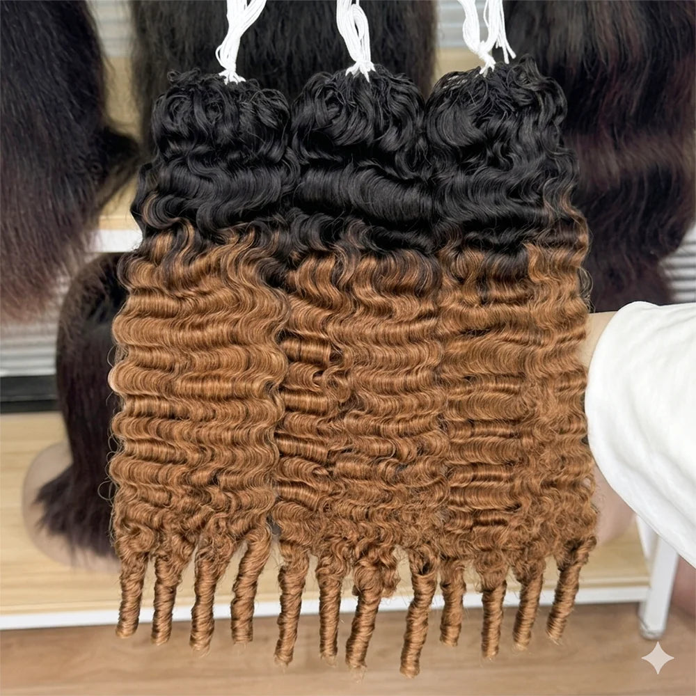 Miracle Knots Kinky Curly Crochet Human Hair TB30#Medium Brown 100% Unprocessed Cuticle Aligned Virgin Hair Feather Weft Crochet Hair Extensions Low Shedding Tangle Free Natural Kinky Curl Can Be Dyed Bleach Reusable Handmade Braiding Hair For Black Women