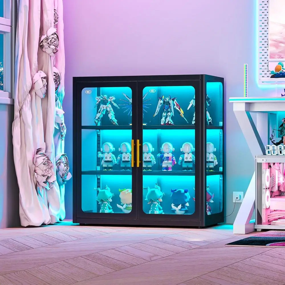 34 Tall Glass Door Display Cabinet with Adjustable Shelves and LED Lights for Living Room
