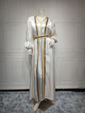 Lavender Sequin Dress V Neck Puffed Sleeves Satin Dresses Belted Waist Floor Length Gown Gold Trim Embroidered Trim Evening