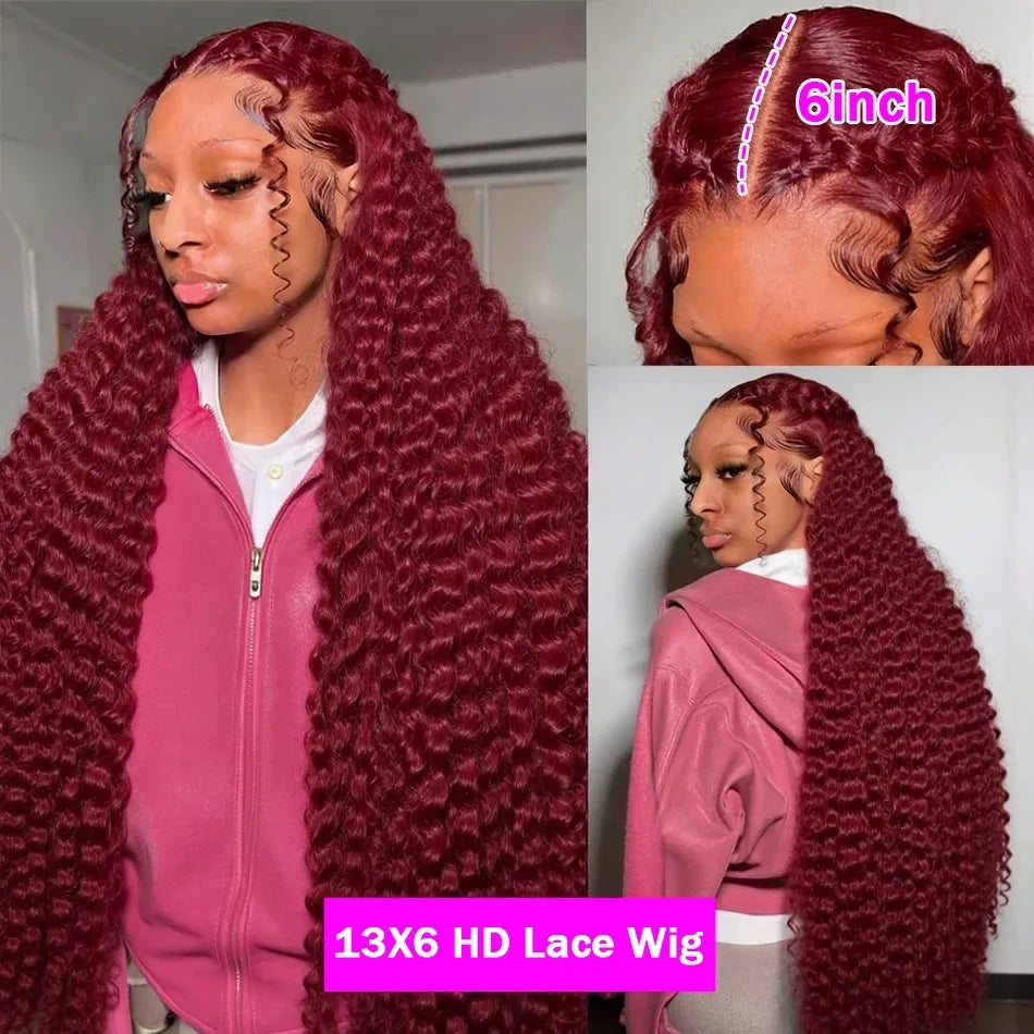 36 38 Inch Burgundy 13x6 hd Lace Frontal Wig Water Wave Curly 13x4 Red Remy Human Hair Brazilian 99J Colored Hair Wigs for Women