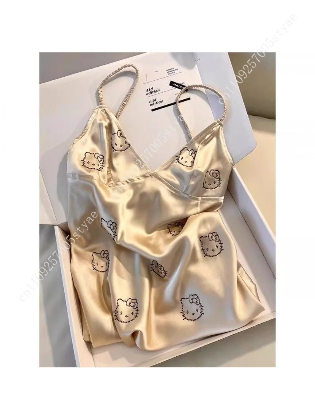 Hello Kitty Champagne Satin Slip Nightgown for Women Cute Print Fringed Hem Sexy Sleep Dress Soft Loungewear for Nightwear
