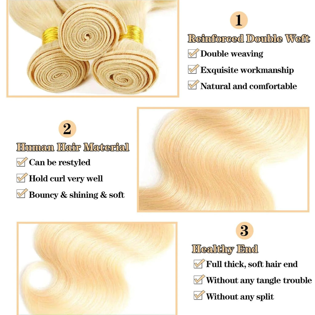Body Wave Human Hair Blonde Bundles 10A Grade 100% Brazilian Human Hair Color #613 Body Wave 22" Light Blonde Color Body Wave