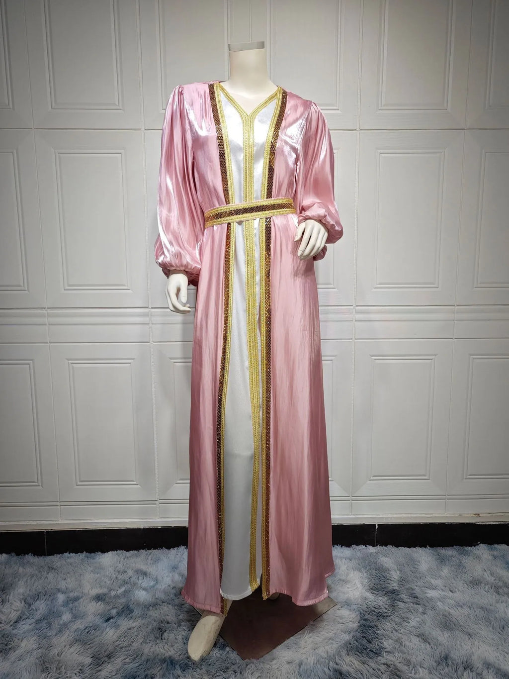 Lavender Sequin Dress V Neck Puffed Sleeves Satin Dresses Belted Waist Floor Length Gown Gold Trim Embroidered Trim Evening