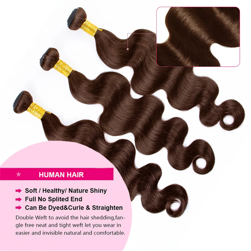 Chocolate Brown Human Hair Bundles Hair Extensions 30 Inch For Woman Body Wave Weave Peruvian Raw Human Hair Bundle #4 Color