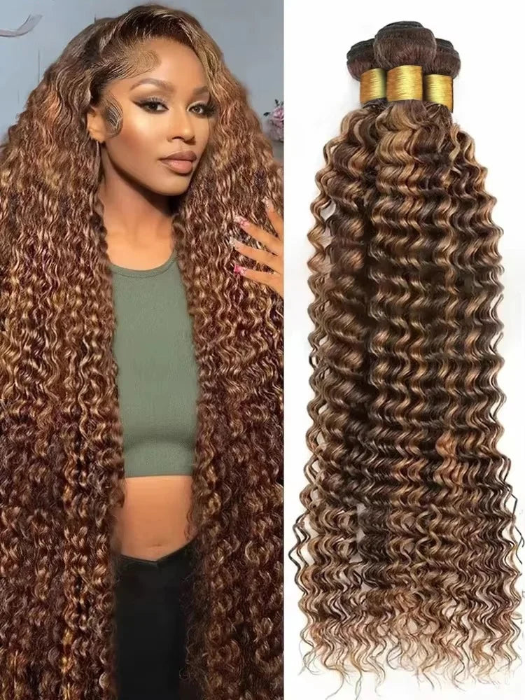 P4/27 Highlight Deep Wave Bundles Human Hair For Women Brazilian Hair Weaving Ombre Brown Curly Hair Bundles Deals For Extension