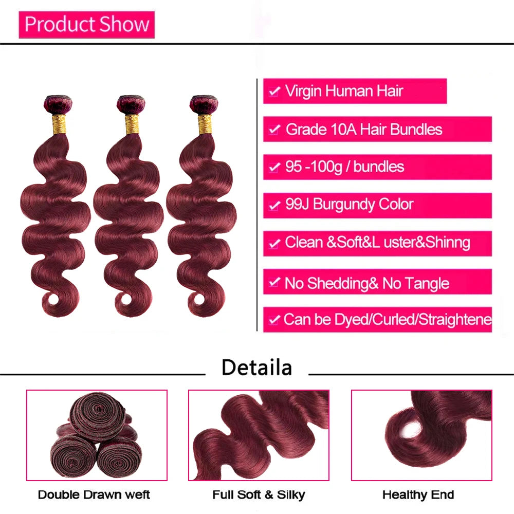 99J Burgundy Bundles 100% Human Hair Body Wave Bundles 26 28 30 Inch Wine Red Body Wave Bundle Human Hair Extensions Virgin Hair