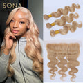 #27 Honey Blonde Hair Weave Bundles Brazilian Body Wave 100% Remy Human Hair Weave 3 Bundles With Frontal And Closure