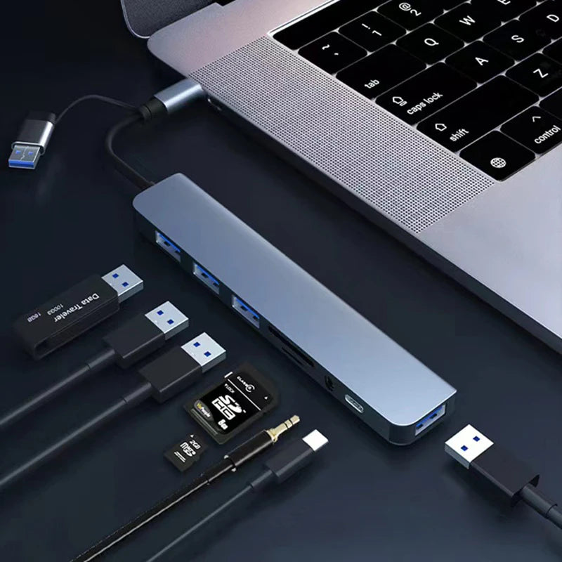 8 in 2 USB +Type C HUB Docking Station with 3.5mm Audio Jack Adapter for Micro SD Card Reader Laptop Tablet Phone Disk Converter