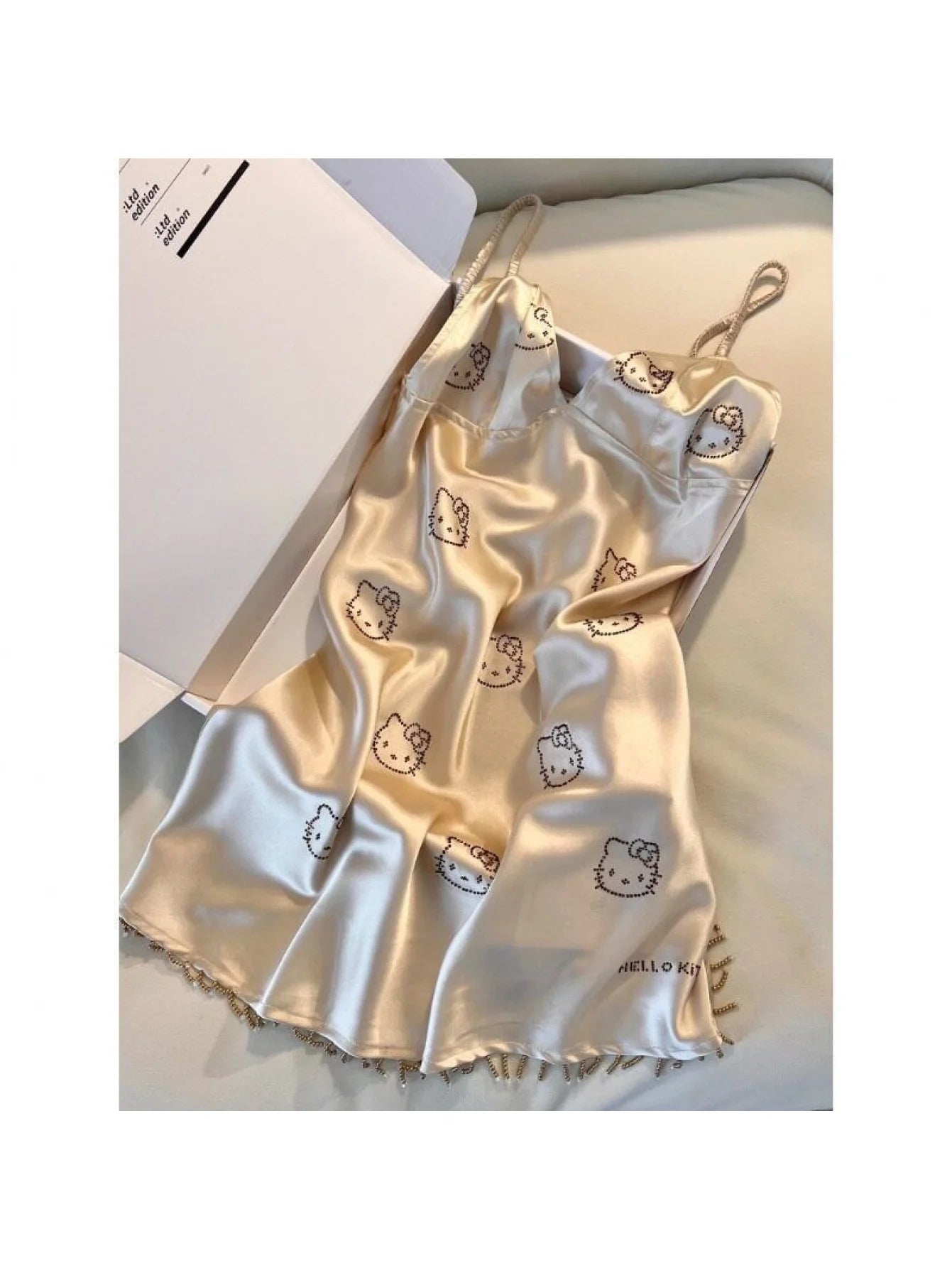 Hello Kitty Champagne Satin Slip Nightgown for Women Cute Print Fringed Hem Sexy Sleep Dress Soft Loungewear for Nightwear