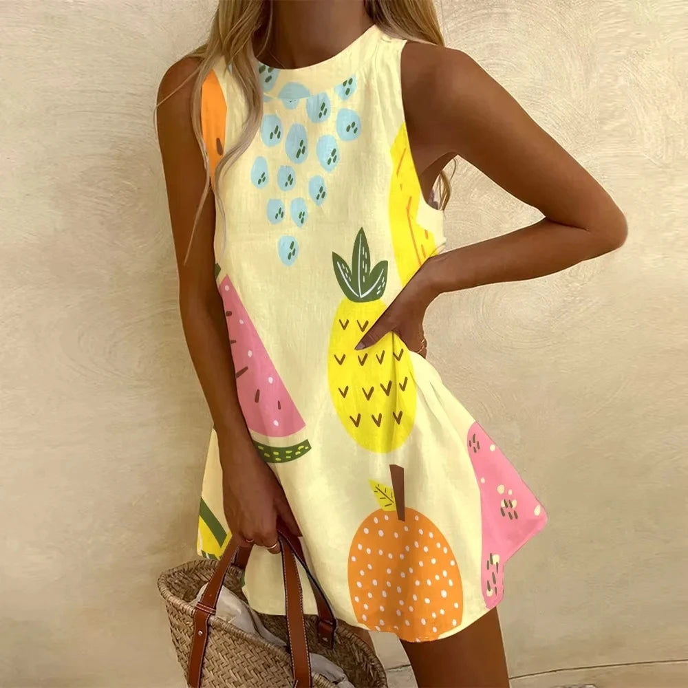 Women's Pineapple Print Sleeveless Dress - Casual Beach Vacation Party Dress for Summer